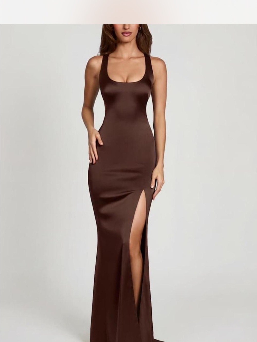Oh polly Brown Scoop Neck Maxi Dress with Side Slit